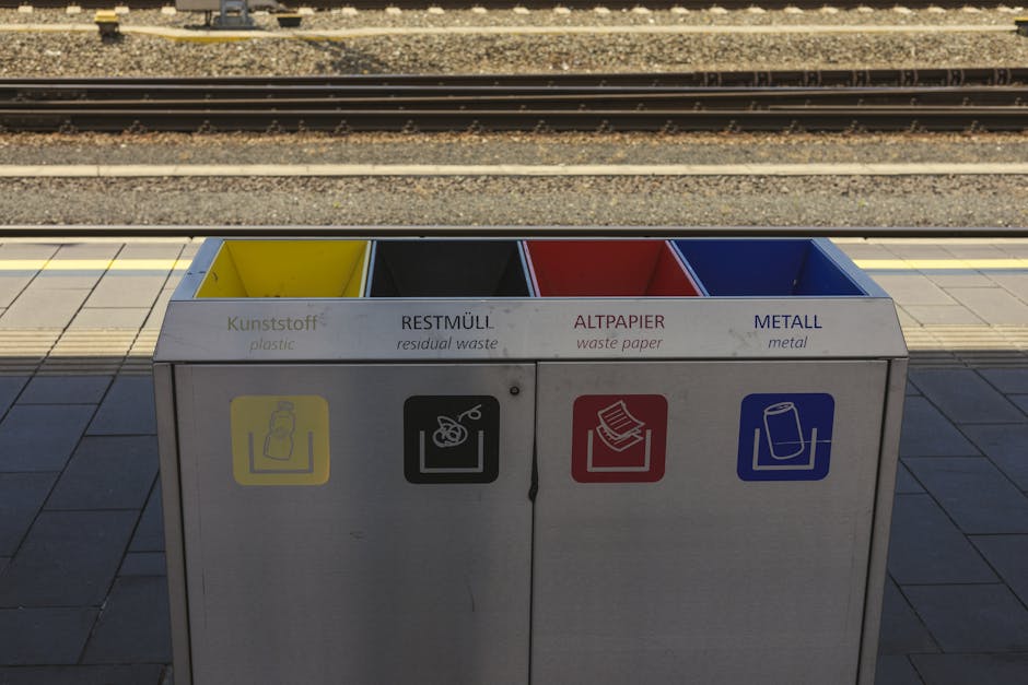 A four-compartment recycling bin positioned on a train station platform, with clear labels and color coding for different waste types. The yellow section on the far left is designated for plastic waste, featuring a symbol of a bottle on a yellow background. Next to it, the black compartment is for residual waste, marked with a symbol of a crossed-out trash bin. The red section is intended for waste paper, with an icon of stacked paper sheets, while the blue section on the far right is designated for metal waste, illustrated by a cylindrical can. The bin is constructed from metal with a matte finish, each compartment separated by vertical dividers aligned with the color-coded tops. The platform surface consists of concrete slabs with visible expansion joints, and railway tracks run parallel in the background. Light and shadow cast across the bin and ground suggest daytime outdoor lighting. As part of a waste management system, this setup supports alternative, on-site waste separation at transit locations, aligning with waste removal services like those provided by Rubbish Clearance Ealing.